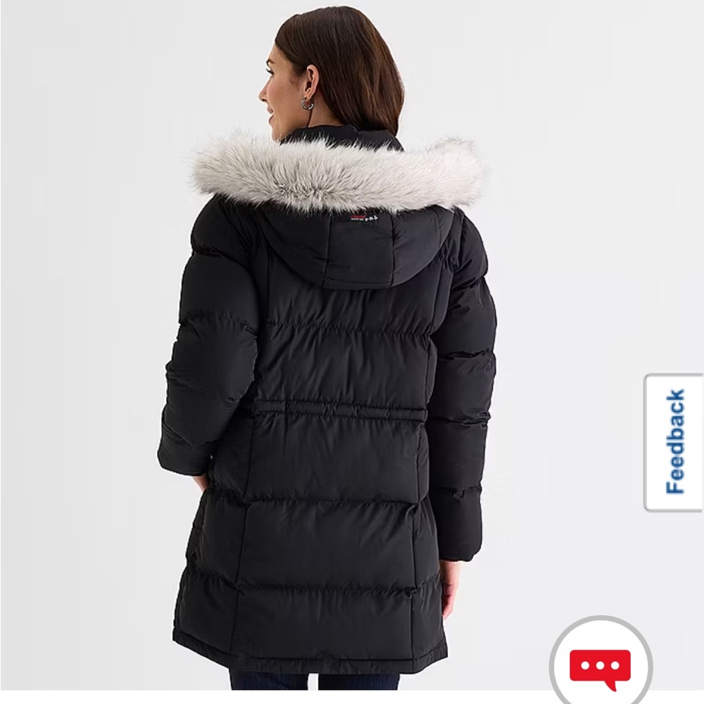 Canada weather gear  Black Women's Puffer Coat with Faux Fur Trim